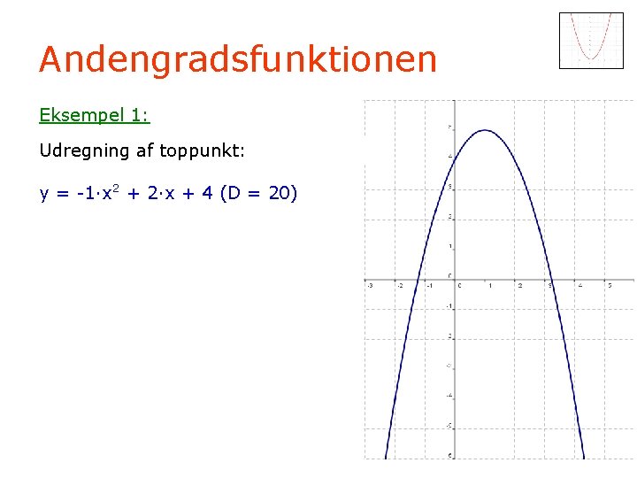 Andengradsfunktionen Eksempel 1: Udregning af toppunkt: y = -1·x 2 + 2·x + 4