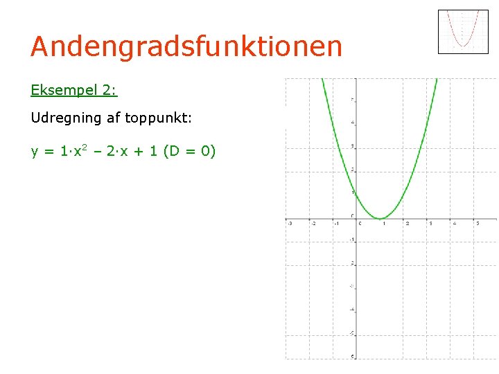 Andengradsfunktionen Eksempel 2: Udregning af toppunkt: y = 1·x 2 – 2·x + 1