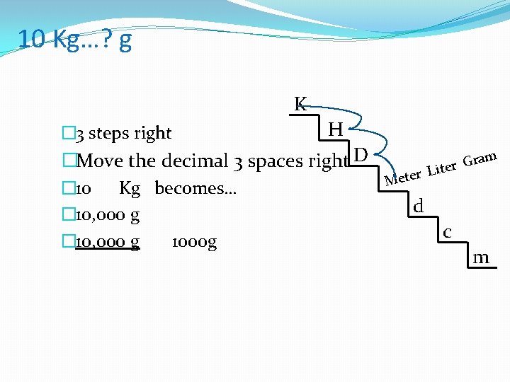 10 Kg…? g K � 3 steps right H �Move the decimal 3 spaces