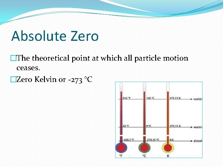 Absolute Zero �The theoretical point at which all particle motion ceases. �Zero Kelvin 0