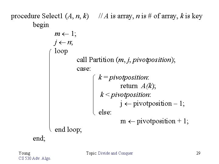 procedure Select 1 (A, n, k) // A is array, n is # of