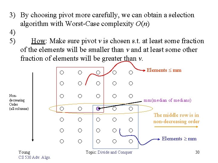 3) By choosing pivot more carefully, we can obtain a selection algorithm with Worst-Case