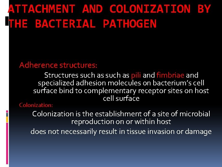 ATTACHMENT AND COLONIZATION BY THE BACTERIAL PATHOGEN Adherence structures: Structures such as pili and