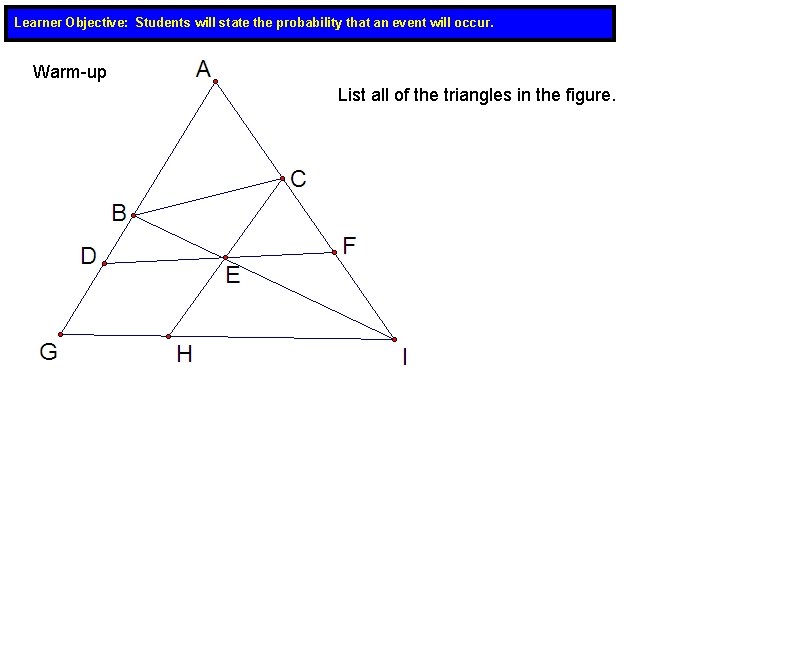 Learner Objective: Students will state the probability that an event will occur. Warm-up List