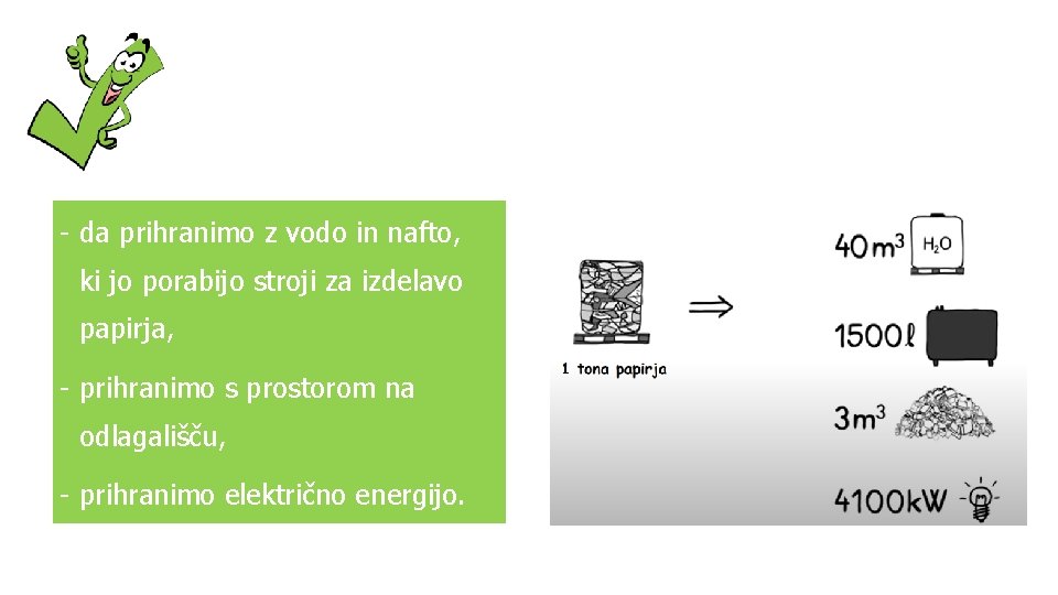- da prihranimo z vodo in nafto, ki jo porabijo stroji za izdelavo papirja, - da prihranimo z vodo in nafto, ki jo porabijo stroji za izdelavo papirja,