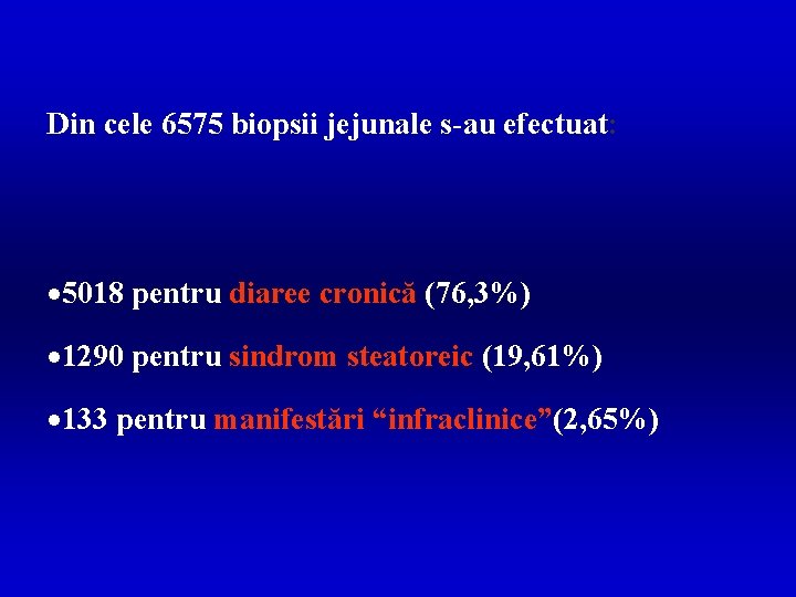 Din cele 6575 biopsii jejunale s-au efectuat: · 5018 pentru diaree cronică (76, 3%)