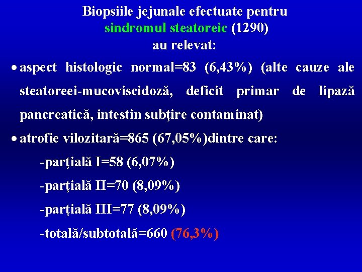 Biopsiile jejunale efectuate pentru sindromul steatoreic (1290) au relevat: · aspect histologic normal=83 (6,