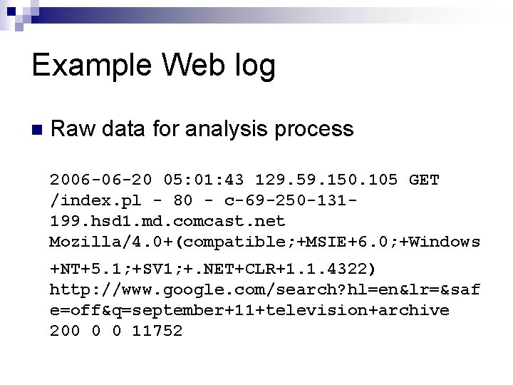 Example Web log n Raw data for analysis process 2006 -06 -20 05: 01: