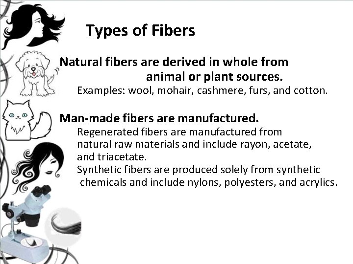 Types of Fibers Natural fibers are derived in whole from animal or plant sources. Types of Fibers Natural fibers are derived in whole from animal or plant sources.