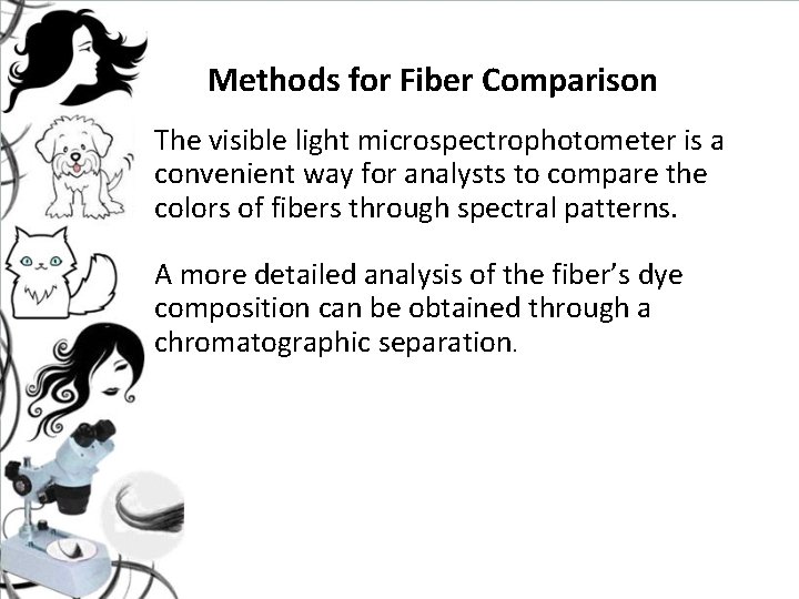 Methods for Fiber Comparison The visible light microspectrophotometer is a convenient way for analysts Methods for Fiber Comparison The visible light microspectrophotometer is a convenient way for analysts