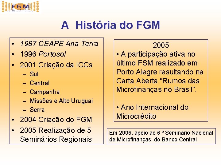 A História do FGM • 1987 CEAPE Ana Terra • 1996 Portosol • 2001