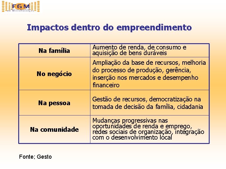 Impactos dentro do empreendimento Na família Aumento de renda, de consumo e aquisição de