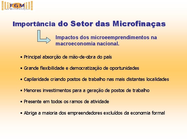 Importância do Setor das Microfinaças Impactos dos microeemprendimentos na macroeconomia nacional. • Principal absorção