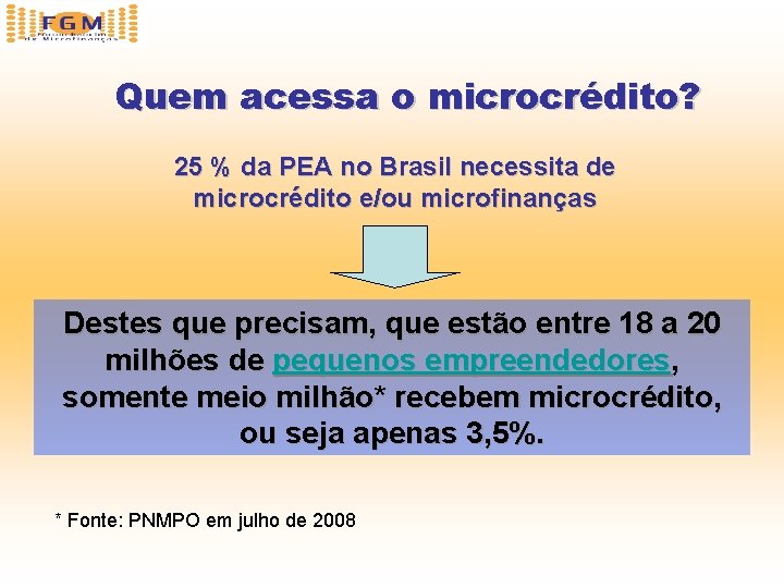 Quem acessa o microcrédito? 25 % da PEA no Brasil necessita de microcrédito e/ou
