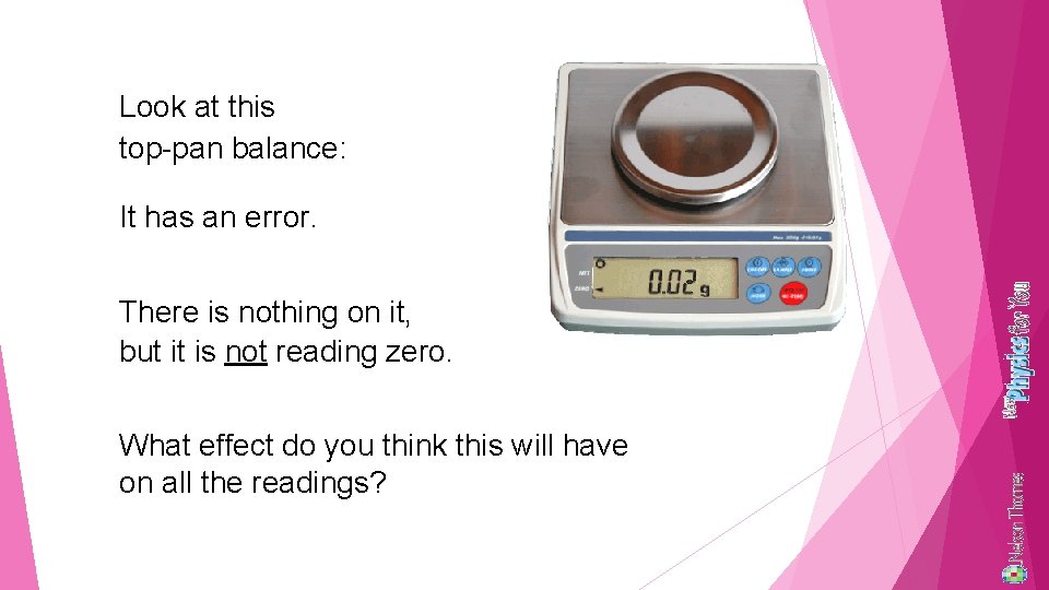 Look at this top-pan balance: It has an error. There is nothing on it,
