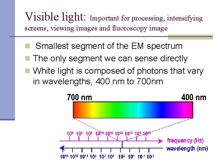 Visible light: Important for processing, intensifying screens, viewing images and fluoroscopy image n Smallest