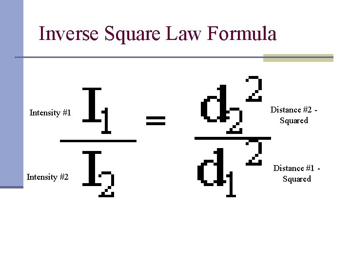 Inverse Square Law Formula Intensity #1 Intensity #2 Distance #2 Squared Distance #1 Squared