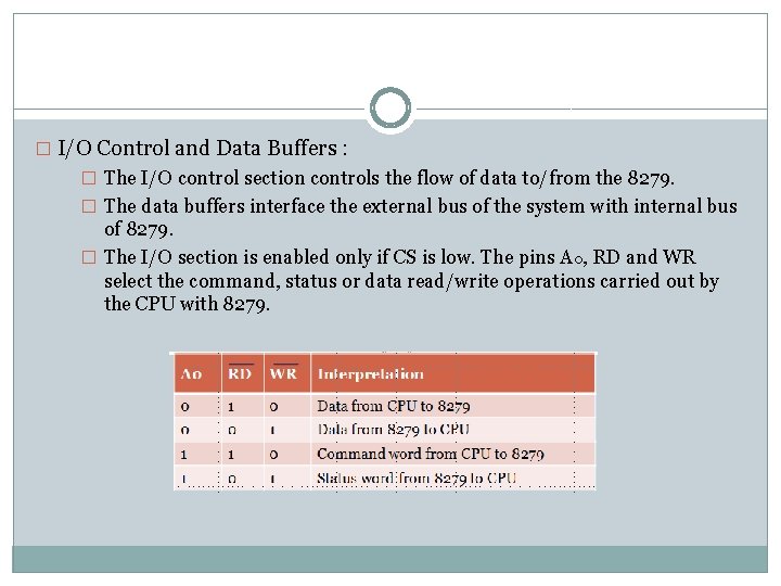 � I/O Control and Data Buffers : � The I/O control section controls the