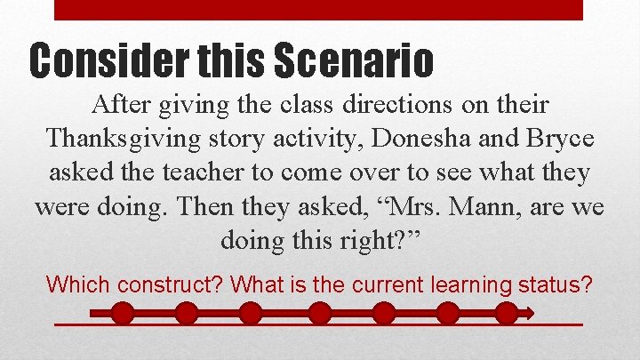 Consider this Scenario After giving the class directions on their Thanksgiving story activity, Donesha