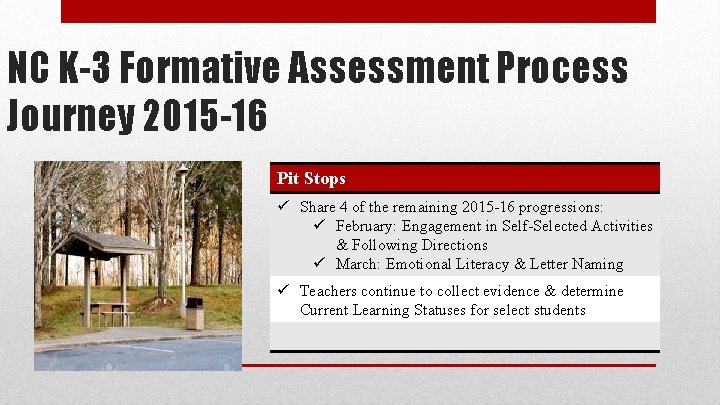 NC K-3 Formative Assessment Process Journey 2015 -16 Pit Stops ü Share 4 of