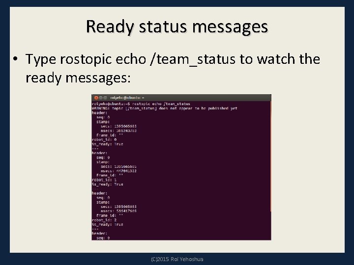 Ready status messages • Type rostopic echo /team_status to watch the ready messages: (C)2015 Ready status messages • Type rostopic echo /team_status to watch the ready messages: (C)2015