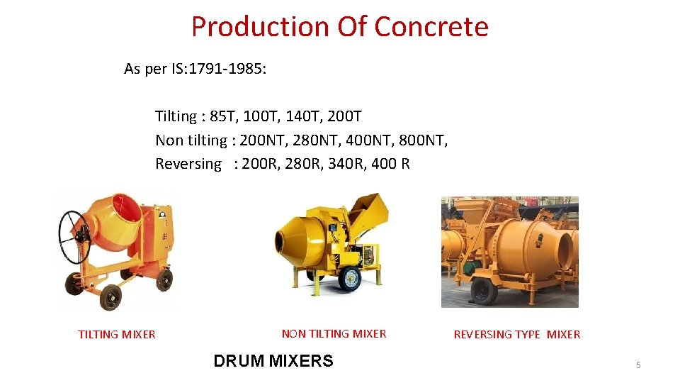 Production Of Concrete As per IS: 1791 -1985: Tilting : 85 T, 100 T,