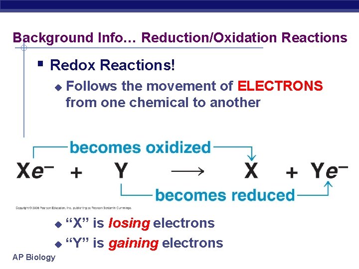 Background Info… Reduction/Oxidation Reactions § Redox Reactions! u Follows the movement of ELECTRONS from