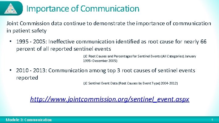 Importance of Communication Joint Commission data continue to demonstrate the importance of communication in