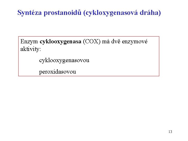 Syntéza prostanoidů (cykloxygenasová dráha) Enzym cyklooxygenasa (COX) má dvě enzymové aktivity: cyklooxygenasovou peroxidasovou 13