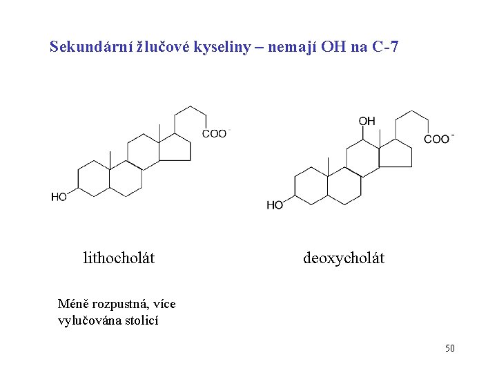 Sekundární žlučové kyseliny – nemají OH na C-7 lithocholát deoxycholát Méně rozpustná, více vylučována