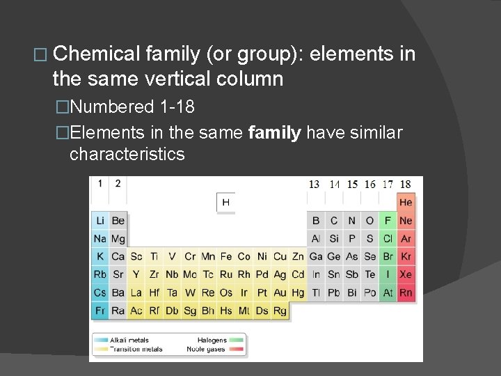 � Chemical family (or group): elements in the same vertical column �Numbered 1 -18