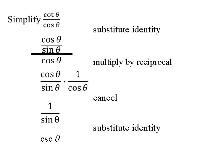substitute identity multiply by reciprocal cancel substitute identity csc θ 