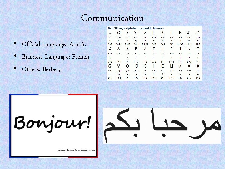 Communication • Official Language: Arabic • Business Language: French • Others: Berber, 