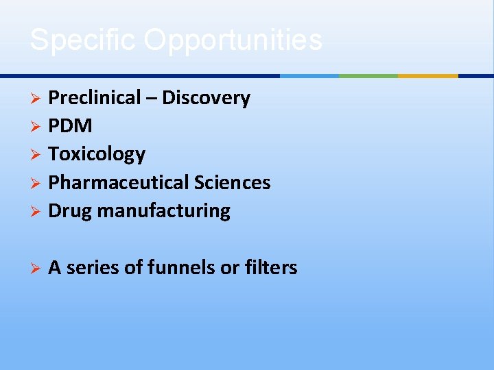 Specific Opportunities Preclinical – Discovery Ø PDM Ø Toxicology Ø Pharmaceutical Sciences Ø Drug