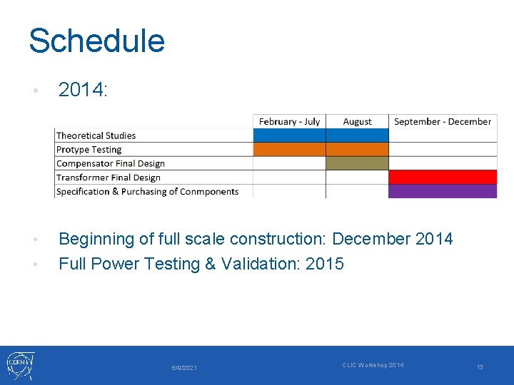 Schedule • 2014: • Beginning of full scale construction: December 2014 Full Power Testing