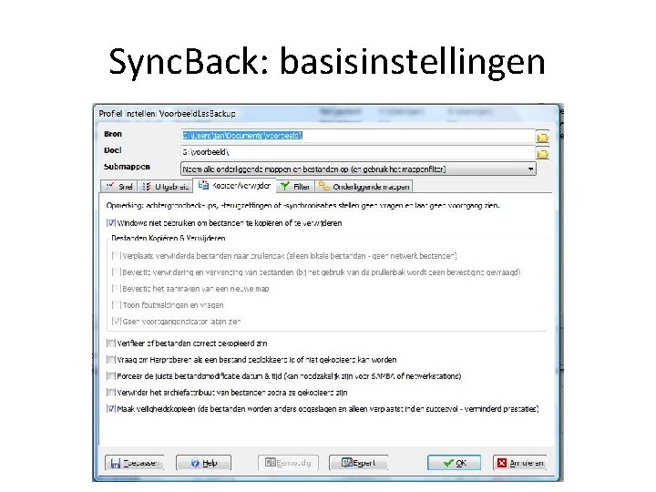 Sync. Back: basisinstellingen 