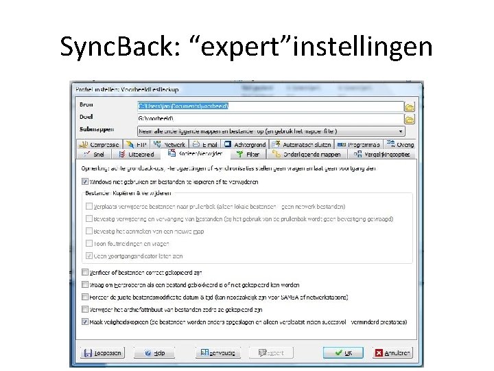 Sync. Back: “expert”instellingen 