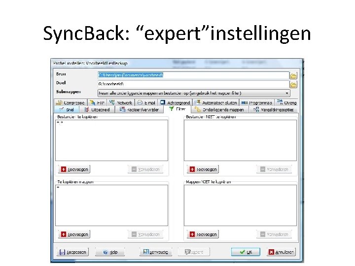 Sync. Back: “expert”instellingen 