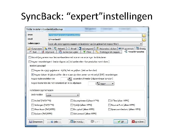 Sync. Back: “expert”instellingen 