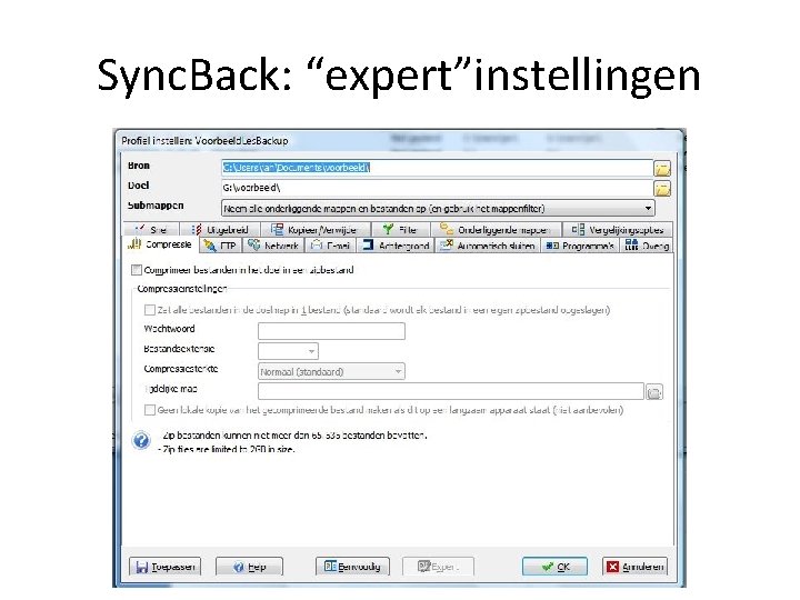 Sync. Back: “expert”instellingen 