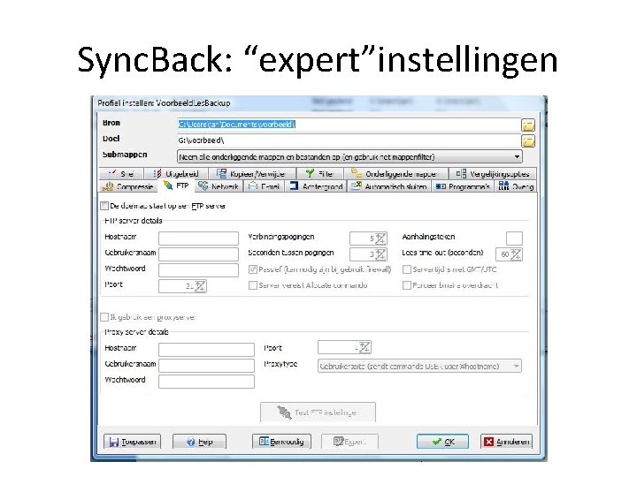 Sync. Back: “expert”instellingen 