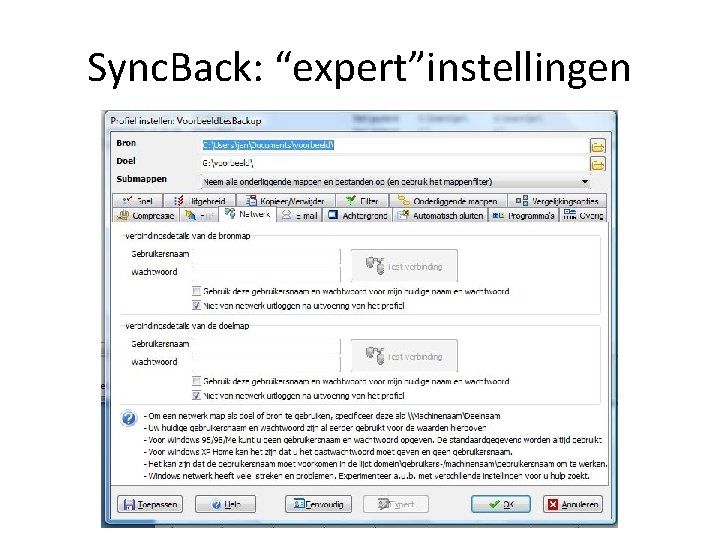 Sync. Back: “expert”instellingen 