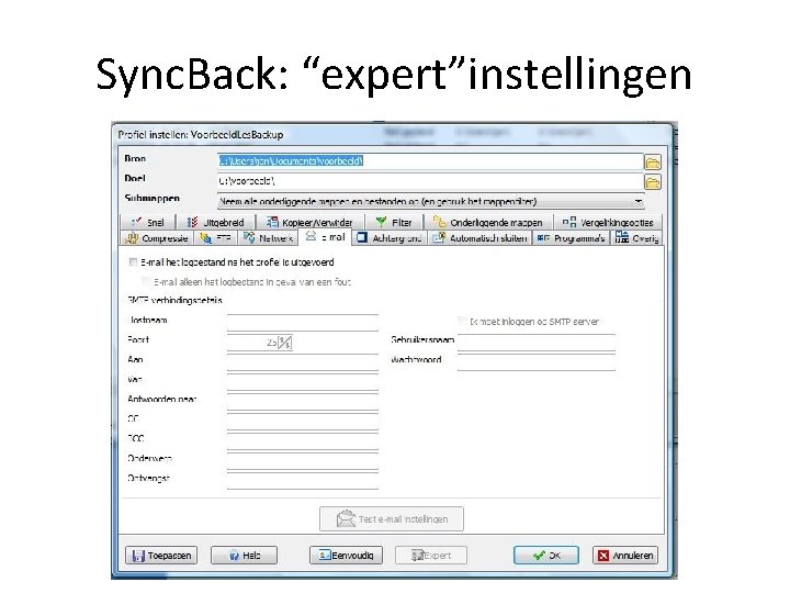 Sync. Back: “expert”instellingen 