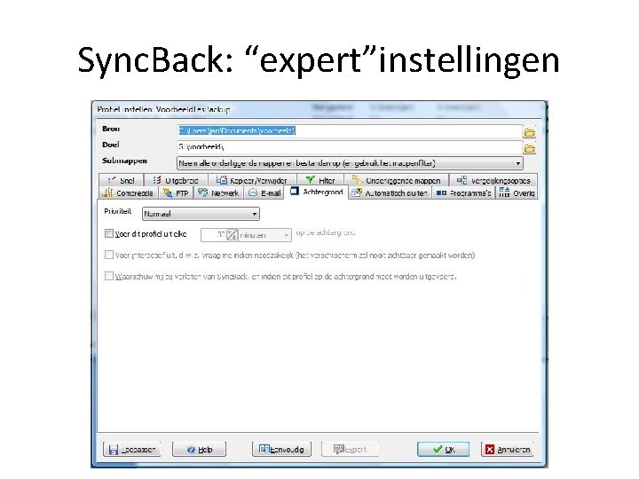 Sync. Back: “expert”instellingen 