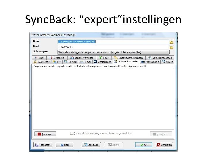 Sync. Back: “expert”instellingen 