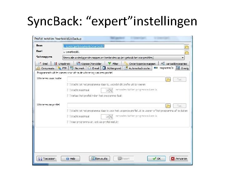 Sync. Back: “expert”instellingen 