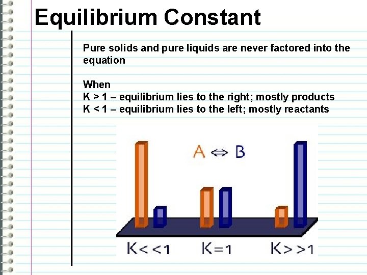Equilibrium Constant Pure solids and pure liquids are never factored into the equation When