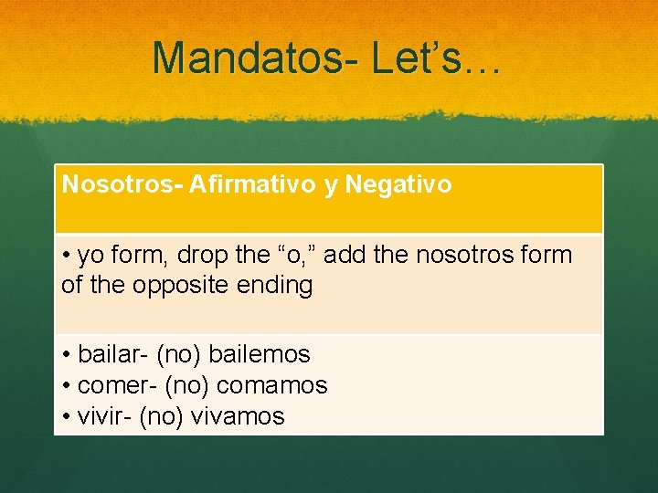 Mandatos- Let’s… Nosotros- Afirmativo y Negativo • yo form, drop the “o, ” add