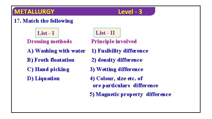 METALLURGY Level - 3 17. Match the following List - I Dressing methods List