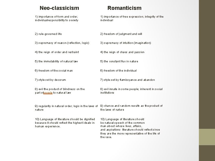 Neo-classicism Romanticism 1) importance of form and order; individualresponsibility to society 1) importance of